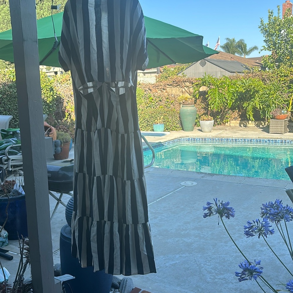 Fun Navy/cream stripe sun dress with open back Midi length.Never worn.